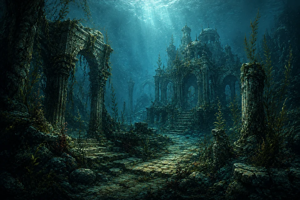 A submerged gothic structure in blue-green ocean darkness.