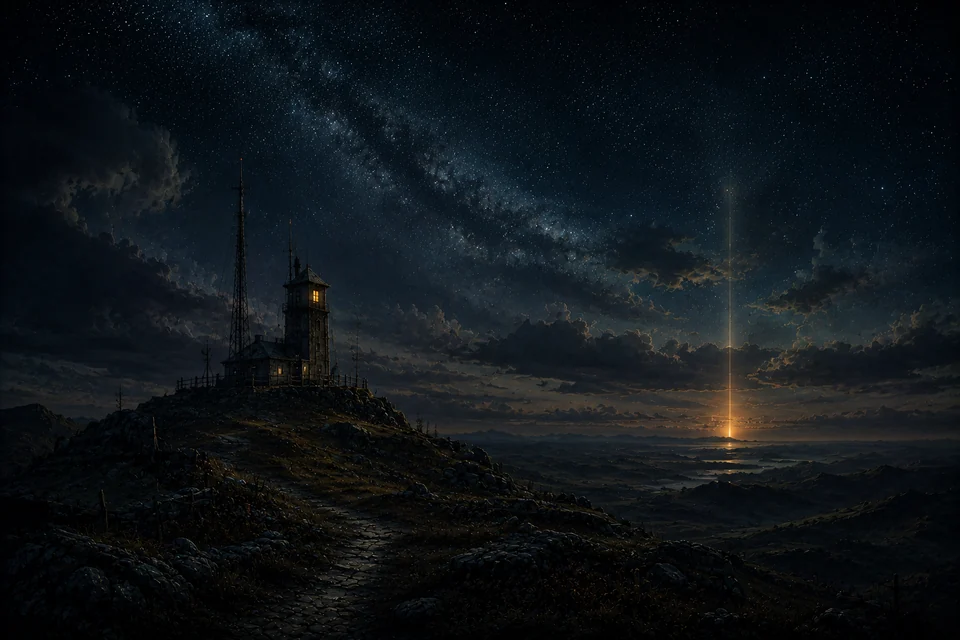 A dark spacecraft crossing a moonlit sky over distant hills.