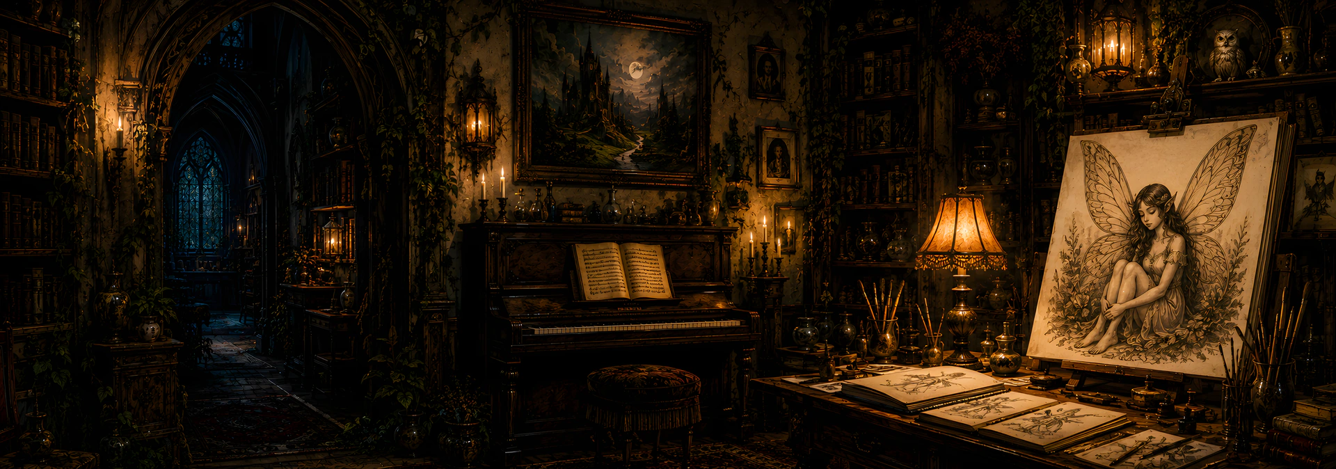A candlelit old studio library with books, framed paintings, a piano and moonlight at the window.