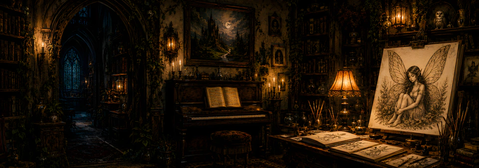 A candlelit old studio library with books, framed paintings, a piano and moonlight at the window.