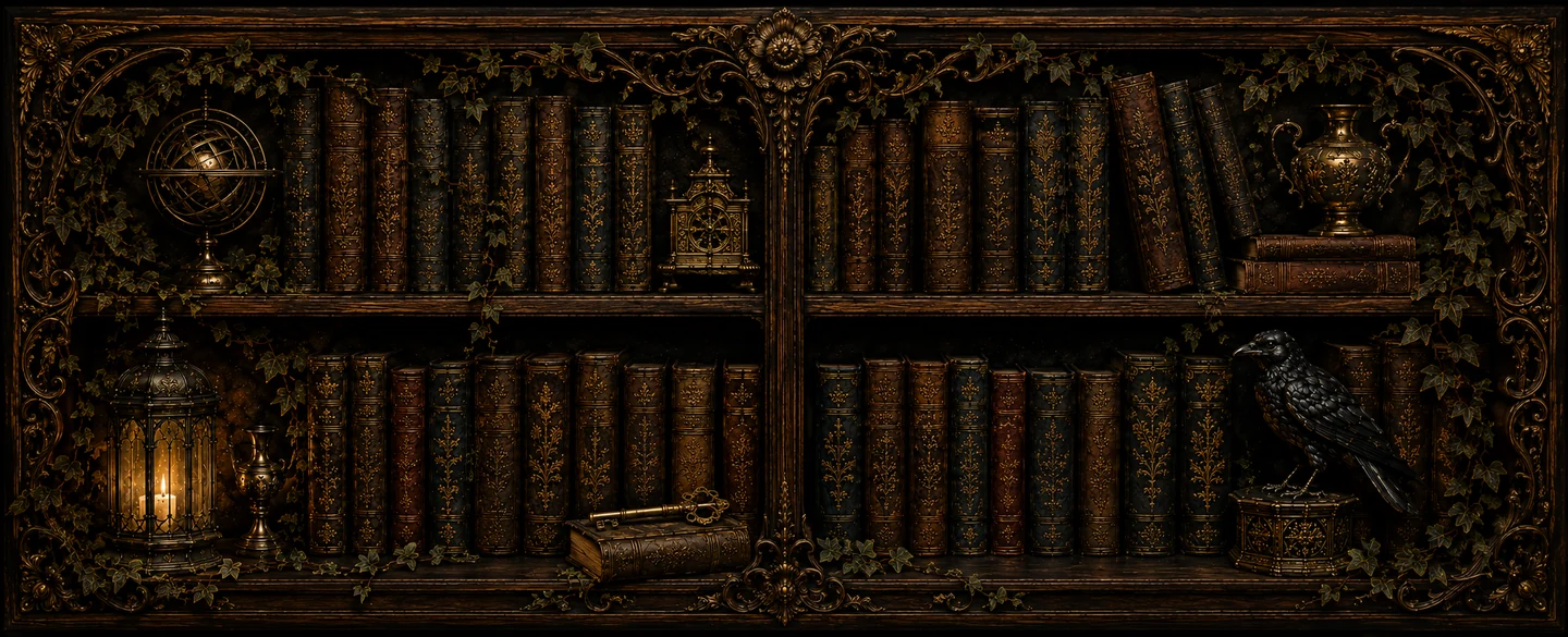 Antique bookshelf with old books, a lantern, key, and crow.